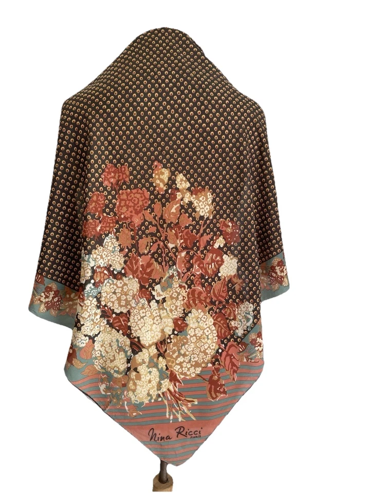Y2#Nina Ricci Paris Bufanda de Seda Floral Ramo Patrón Lunares Rayas Marrón Coral Foto 1 de 4