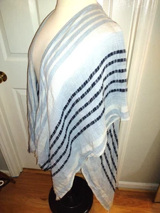American Eagle Poncho Blue Striped Shawl Open Front One Size Fringed Boho - Picture 1 of 7