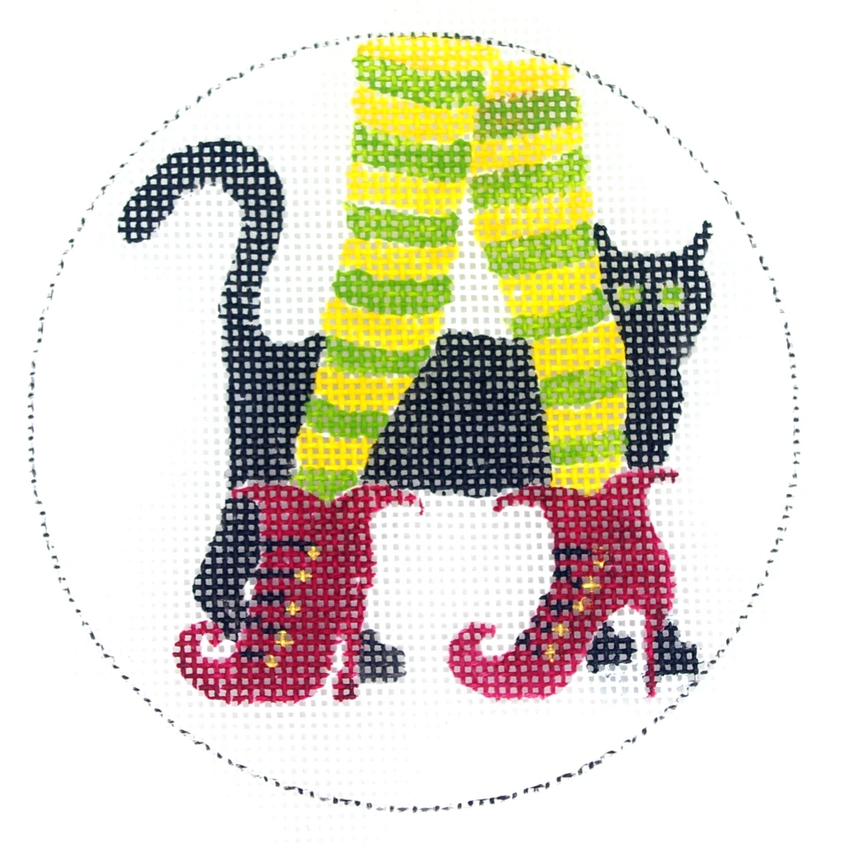 Witch's Legs Black Cat Halloween Ornament *HP Needlepoint Canvas * By LLemon - Image 1 of 1