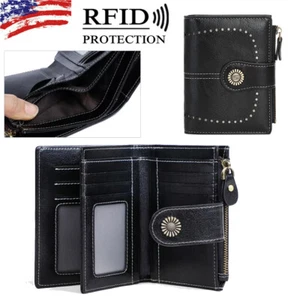 Women Leather Bifold Wallet RFID Blocking Small Compact Credit Card Holder Purse - Picture 1 of 14