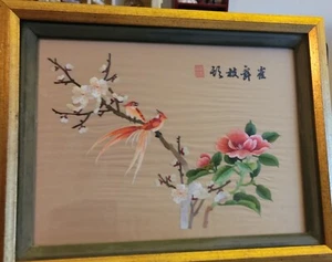 Vintage Japanese Silk Embroidery Handmade Framed Birds Flower Blossom Picture - Picture 1 of 5