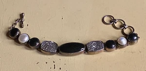 Vintage Sterling Silver Black Onyx Pearl Hematite Gemstone Link Bracelet 7-8" - Picture 1 of 3