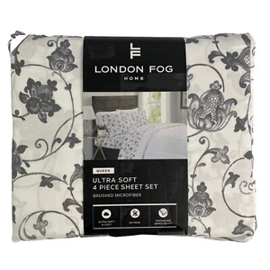 NEW 4pc London Fog QUEEN Sheet Set White Gray Floral Pillowcases - Picture 1 of 5