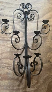 Large Antique Black Wrought Iron Wall Sconce Seven Candle Holder - Picture 1 of 7