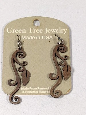 Pendientes de gancho colgantes de madera de vid hoja pergamino verde árbol marrón Foto 1 de 4