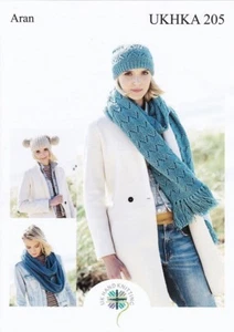 UKHKA 205 HATS & SCARVES ADULTS ARAN Knitting Pattern Sizes S-M-L - Picture 1 of 3