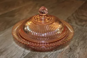 Anchor Hocking Queen Mary Pink Prismatic Ribbed Round Dome w Lid Butter Dish - Picture 1 of 10