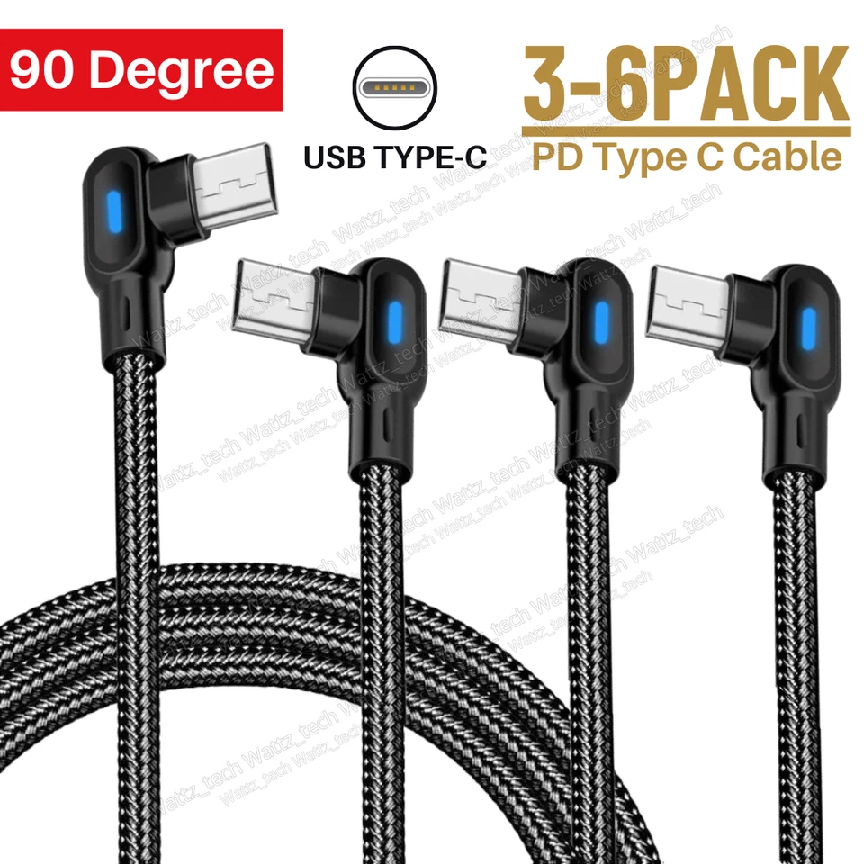 90 Degree Right Angle USB C to USB Type C Cable PD Fast Charging Cord 3-6Pcs Lot - Image 1 of 4