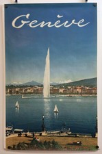 c.1958 Original GENÈVE GENEVA SWITZERLAND TRAVEL POSTER Water Jet d'Eau