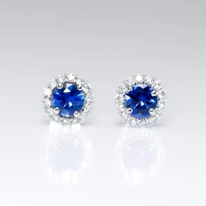 Dainty Natural Sapphires Stud Earrings | Sapphire and Diamonds Stud Earrings - Picture 1 of 3