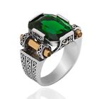 925 Sterling Silver Ottoman Handmade Simulated Emerald Stone Men's Ring All Sz.