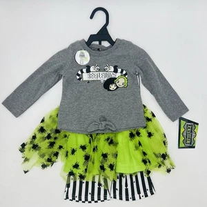 Beetlejuice 12M Toddler Girls 3 Piece Shirt Skirt Pants Set Warner Bros Green - Picture 1 of 2