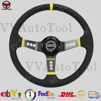 SPARCO LEATHER DEEP DISH STEERING WHEEL 14"INCH UNIVERSAL CAR Yellow COLOUR - Image 1 of 4