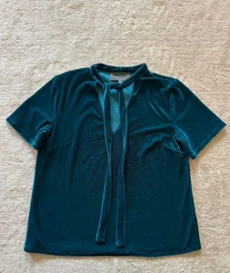 Sunday in Brooklyn Teal Blue Velvet Tie-Neck Short Sleeve Top Anthropologie S - Picture 1 of 8