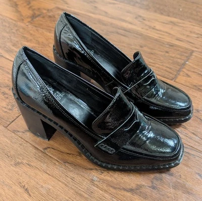 Vince Camuto Y2K Patent Leather Chunky Loafers Heeled sz 8 Black Grunge Gothic - Image 1 of 4