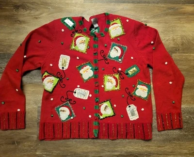 Cárdigan rojo abotonado BEREK feo suéter de Navidad apliques de santa para mujer XL Foto 1 de 4
