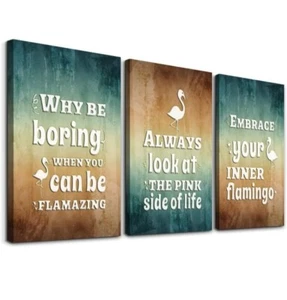 Set of 3 panel Canvas with wood frame flamingo motivational Wall Art. 12x16in. - Picture 1 of 8