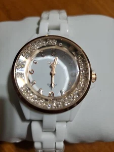 Ladies White Ceramic Watch With Rose Gold Tone Case And Floating Chrystal Bezel - Picture 1 of 6
