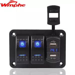 2 Gang Rocker Switch Aluminum Panel w/ Voltmeter & Dual USB(4.8 A) Fast Charging - Foto 1 di 8