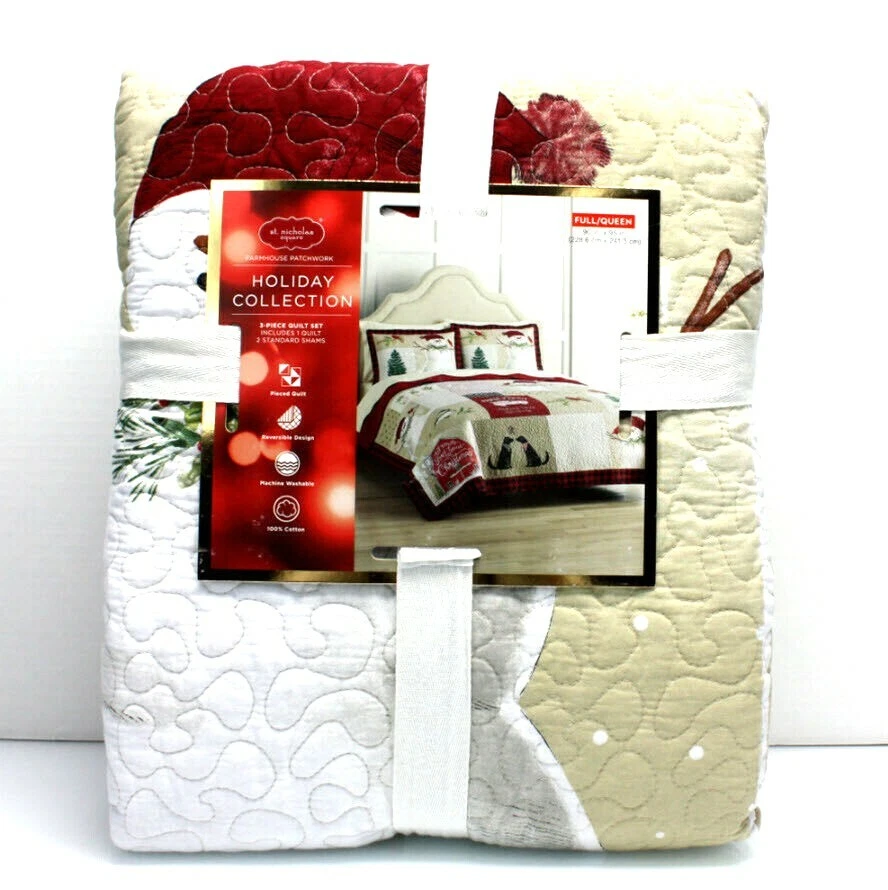 3 Pieces -Nicholas SNOWMAN Patchwork Reversible QUILT + SHAMS - Birds Dogs Trees - Image 1 of 4