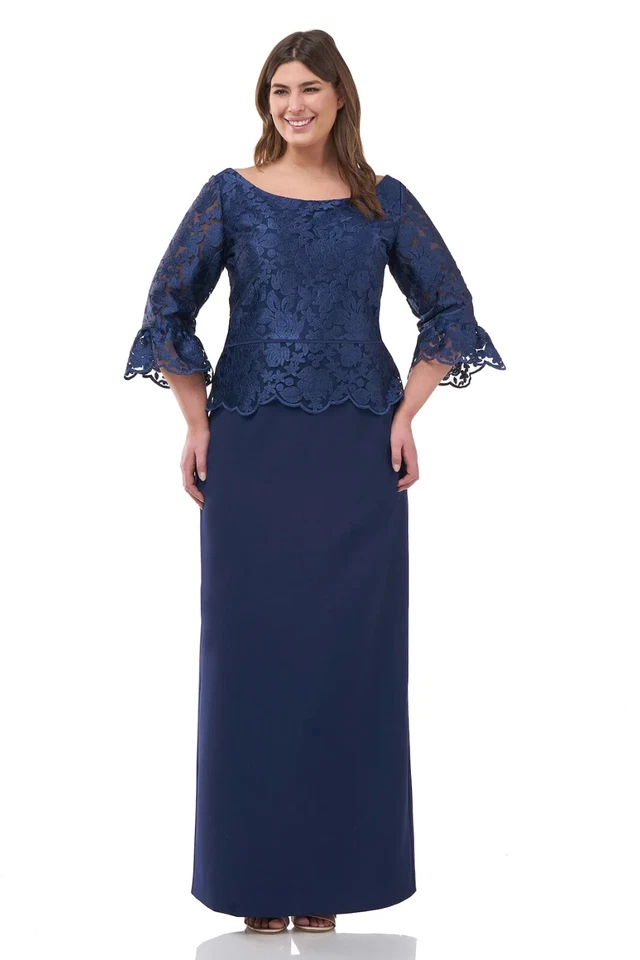 JS Collections Navy Blue Floral Embroidered Peplum Column Gown Size 24W $395 - Image 1 of 2