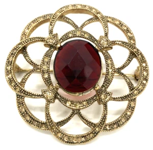 Vintage signierte Monet Brosche goldfarben Markasit oval facettiert rot Glas Pin Kuppel  - Bild 1 von 4