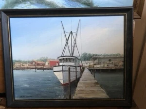 Vintage oil on canvas. 21 x 27 Boat at dock. Nice painting. - Picture 1 of 6
