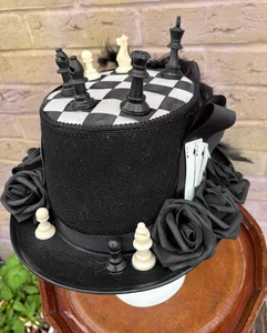 Black White Steampunk Top Hat Feathers Checkered Chess Gamble Cards 57cm (233) - Picture 1 of 5