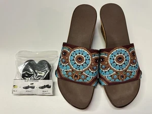 Onesole Sandals Women 7 Interchangeable Top Cork Slide Wedge Turquoise Embellish - Picture 1 of 20