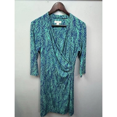 Coldwater Creek Wrap Dress Womens 10 Blue Green Midi Stretch 3/4 Sleeve - Image 1 of 4