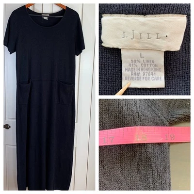 Maxi Vestido Largo Tejido Manga Corta Algodón Lino Negro Jill Bolsillos Grandes Modesto Foto 1 de 4