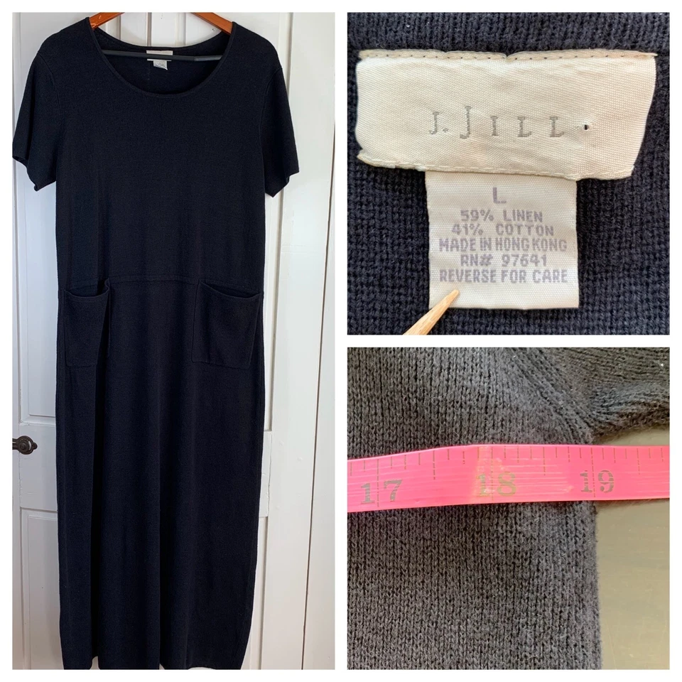 J Jill черный льняной хлопок коротким рукавом вязаный макси длинное платье карманы большой скромный - Изображение 1 из 4