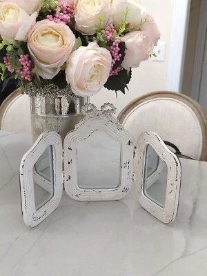 Shabby bow WOOD TRI-FOLD VANITY MIRROR distressed white dresser - Image 1 of 4