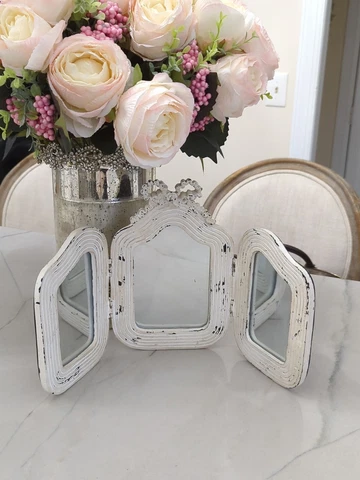 Shabby bow WOOD TRI-FOLD VANITY MIRROR distressed white dresser Cover
