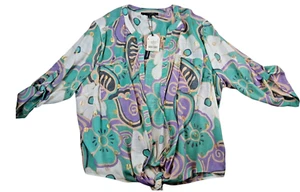 Harve Bernard Blouse top Abstract Floral Tie Front Hem Roll Tab Sleeve 2XL NWT - Picture 1 of 13