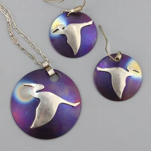 Vintage Niobium + Sterling Silver Bird in Sunset Necklace + Earring Set - Picture 1 of 8