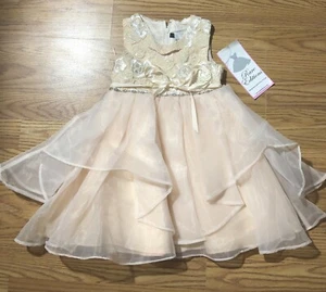 Rare Editions Size 2 Toddler Ball Gown Dress Champagne Floral Lace & Bow Tie NWT - Picture 1 of 11