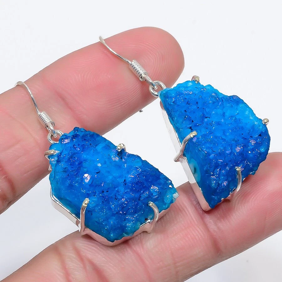 Blue Titanium Druzy Gemstone Silver Plated Dainty Earrings Jewelry 1.5" - Image 1 of 1