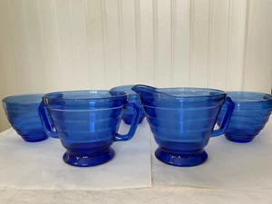 Vintage Hazel Atlas Cobalt Blue Moderntone Sugar & Creamer + 3 Custard Cups - Picture 1 of 4