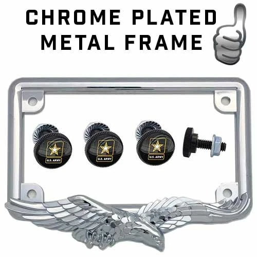Marco de matrícula de motocicleta Chrome Eagle + kit de pernos de etiqueta | LOGO DE ESTRELLA DEL EJÉRCITO DE EE. UU. Foto 1 de 4