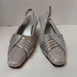 FLORAL Abagail 7.5WW Women's Dress Slingback Metallic Silver Shoes Kitten Heels - Picture 1 of 20