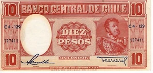 1960 Chile 10 Pesos Banknote P125 UNC - Picture 1 of 2