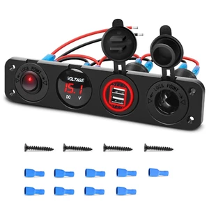 4 in 1 On/Off Charger Socket Panel Dual USB Power Outlet LED Voltmeter Cigarette - Picture 1 of 12