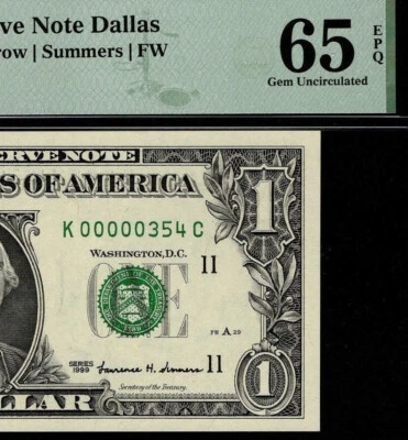 1999 $1 Federal Reserve Note Low 3 digit Serial Number Dallas K00000354C PMG 65 - Image 1 of 4