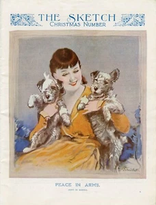 PRETTY LADY HOLDING TWO WIRE FOX TERIER DOGS OLD 1933 PAGE PRINT b14 - Picture 1 of 1