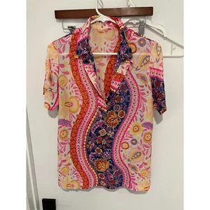 Women's Deep V-Neck Collared Floral 70's Style Shirt, Multicolor, Medium - Picture 1 of 2