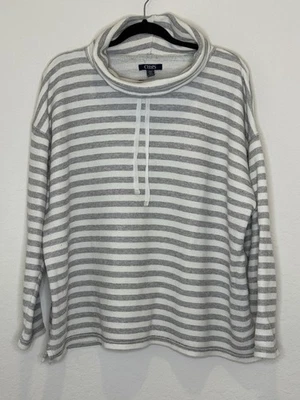 Suéter para mujer Chaps suelto cuello alto a rayas gris y blanco talla XXL Foto 1 de 4