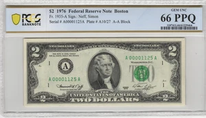 1976 Boston $2 Federal Reserve Note 4 Digit Low Serial # PCGS Gem UNC 66 PPQ - Picture 1 of 2