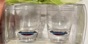 NEW Starbucks Coffee Espresso Shot Glass Pair Red Blue Colored Bottom 2005 NIP - Picture 1 of 4