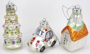 Lot 3 Glass Christmas Tree Ornaments "Just Married" Church Car Wedding Cake - Picture 1 of 6